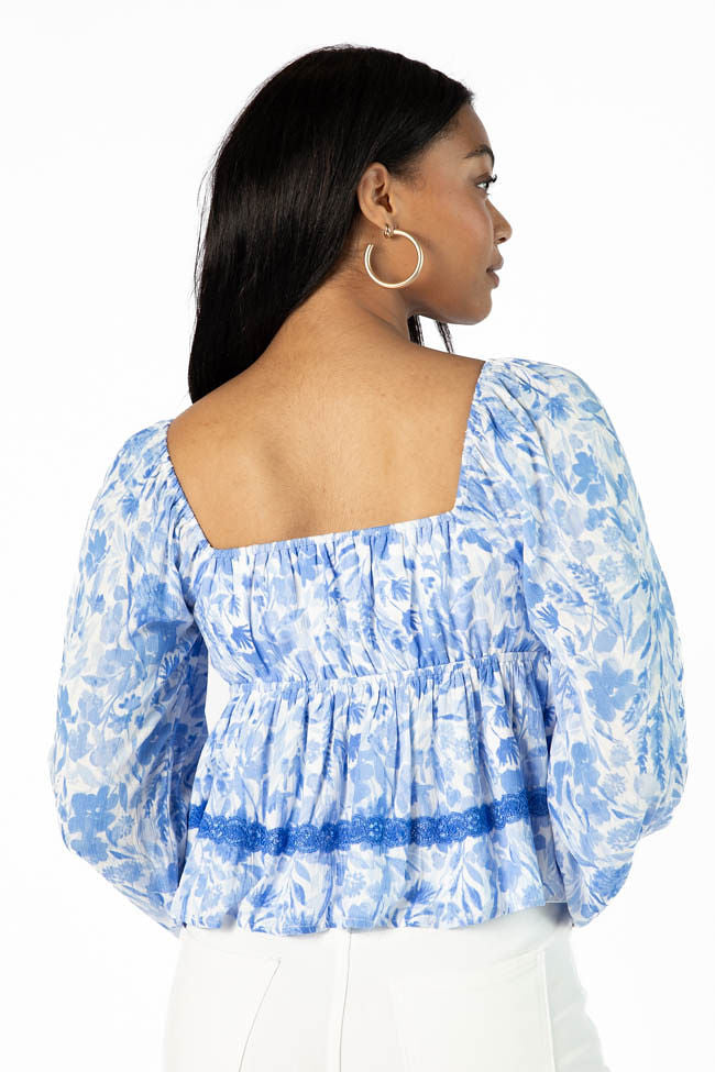 In My Dreams Blue Lace Trim Floral Blouse Sale Amazing Pice