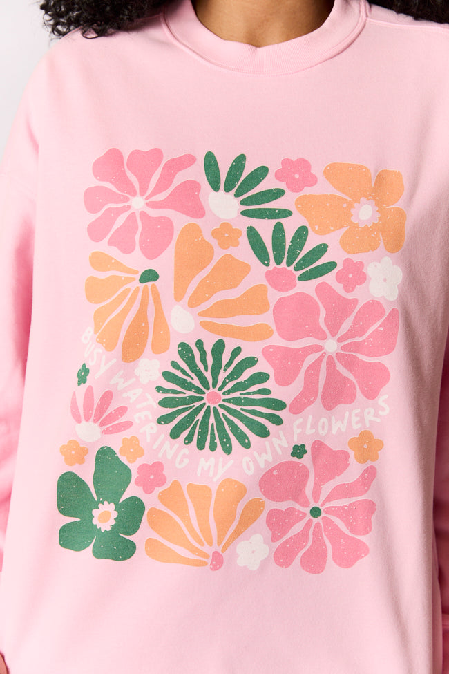 Busy Watering My Flowers Light Pink Oversized Graphic Sweatshirt Discount Shop For