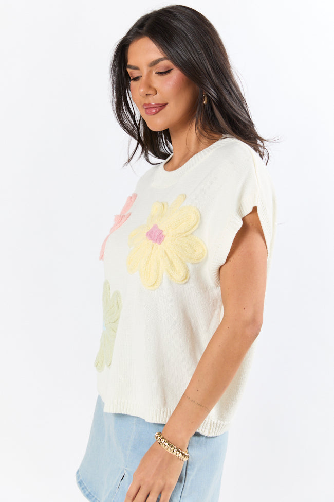 Blooming Joy Ivory Multi Flower Embroidered Short Sleeve Sweater Cheap High Quality