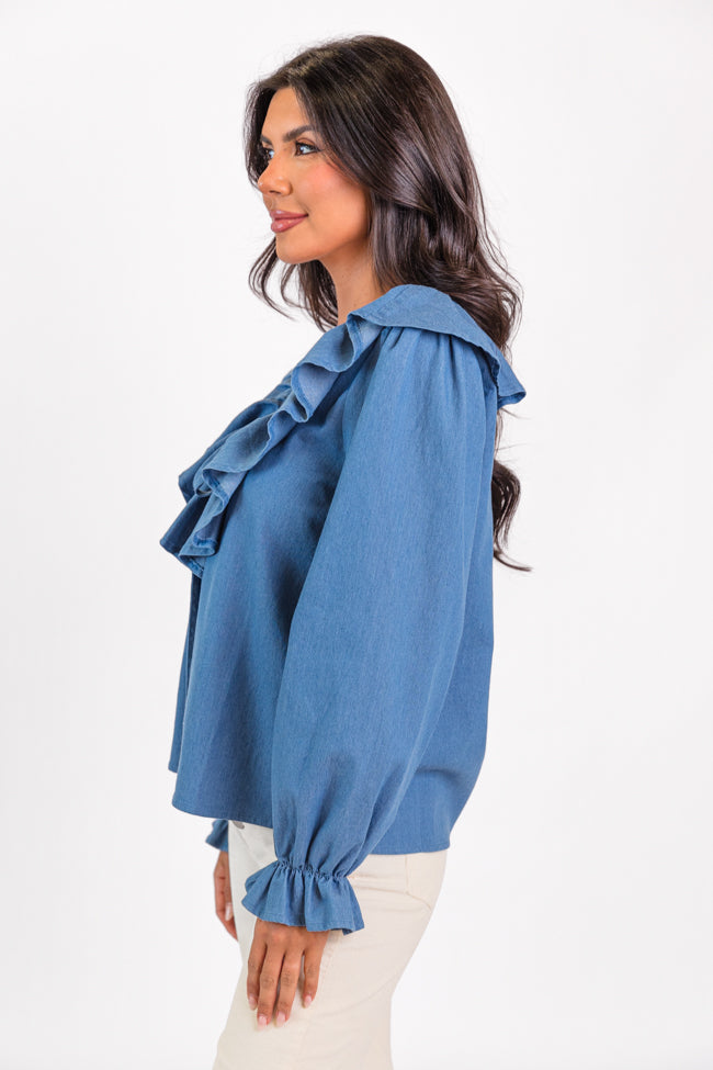 Feel This Way Medium Wash Ruffle Detail Chambray Blouse FINAL SALE Best Sale Cheap Pice