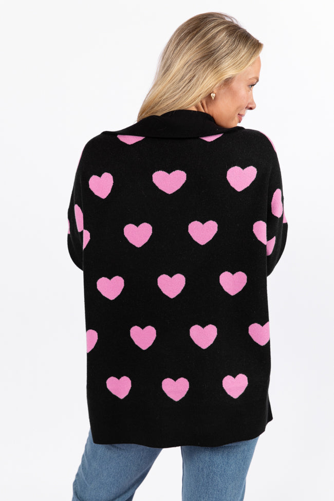 Pulling Heartstrings Black and Pink Heart Print Quarter Zip Pullover FINAL SALE Discount Fashionable