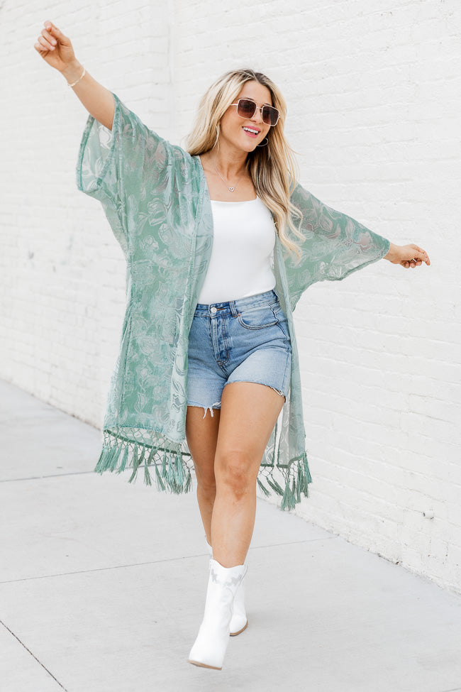 Unapologetically You Sage Velvet Floral Fringe Trim Kimono FINAL SALE Cheap Supply