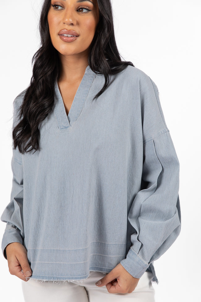 Before Daylight Light Wash Chambray Blouse Discount Online