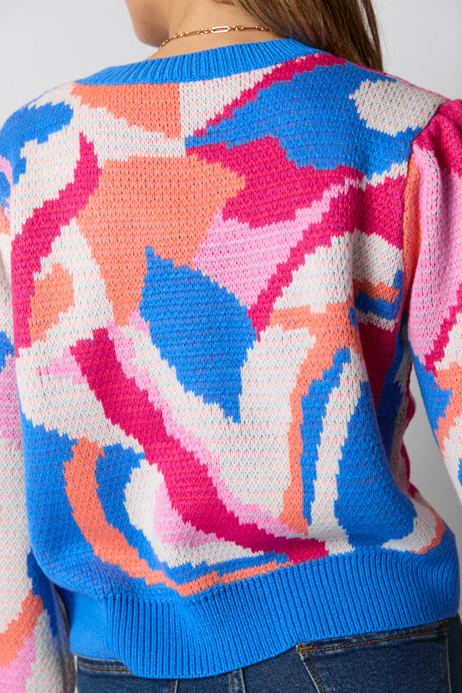 On My Side Blue Multi Color Sweater Cheap Sale Websites