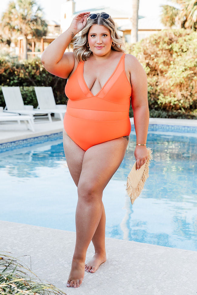 Lost In The Waves Bright Orange V-Neck One Piece Swimsuit FINAL SALE Clearance Wholesale Pice