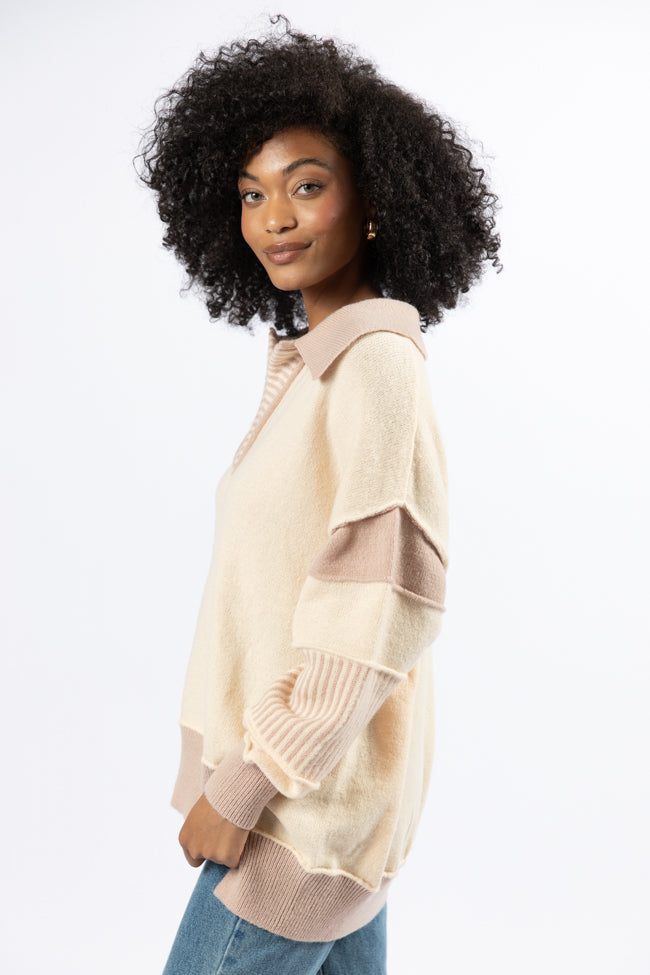 Think About It Cream and Mauve Collared Oversized Sweater Discount Low Cost