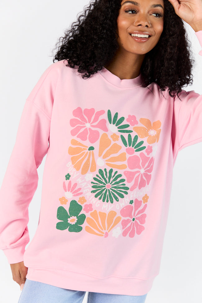 Busy Watering My Flowers Light Pink Oversized Graphic Sweatshirt Discount Shop For