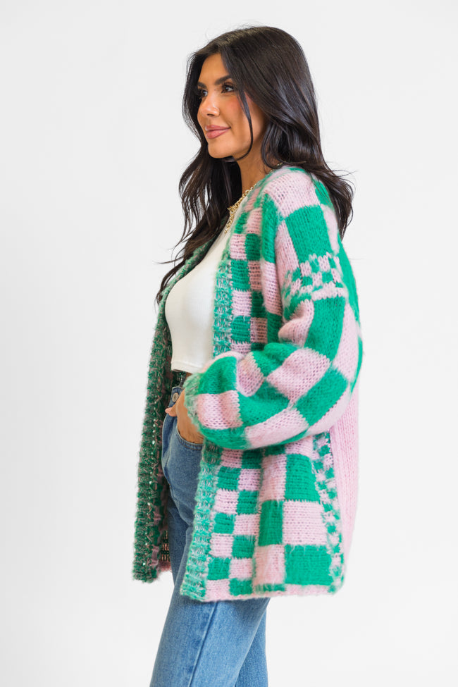 Atta Girl Pink and Green Checkered Cardigan 2025 New Cheap Pice