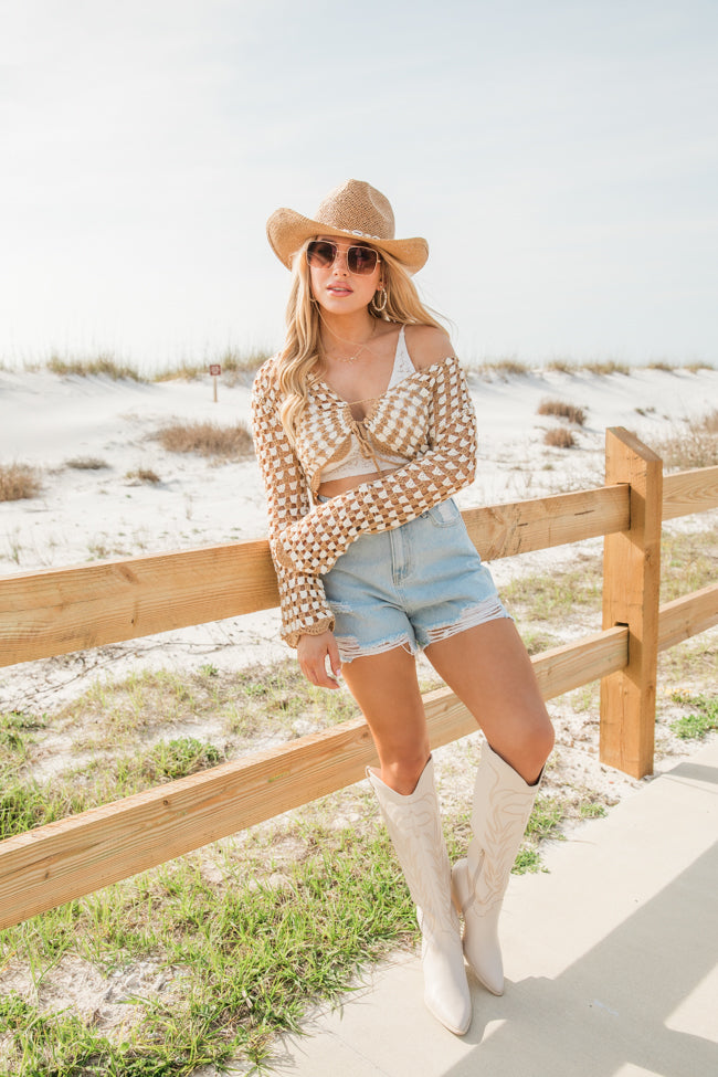 Tie That Binds Tan And Ivory Crochet Crop Long Sleeve Top Popular Online