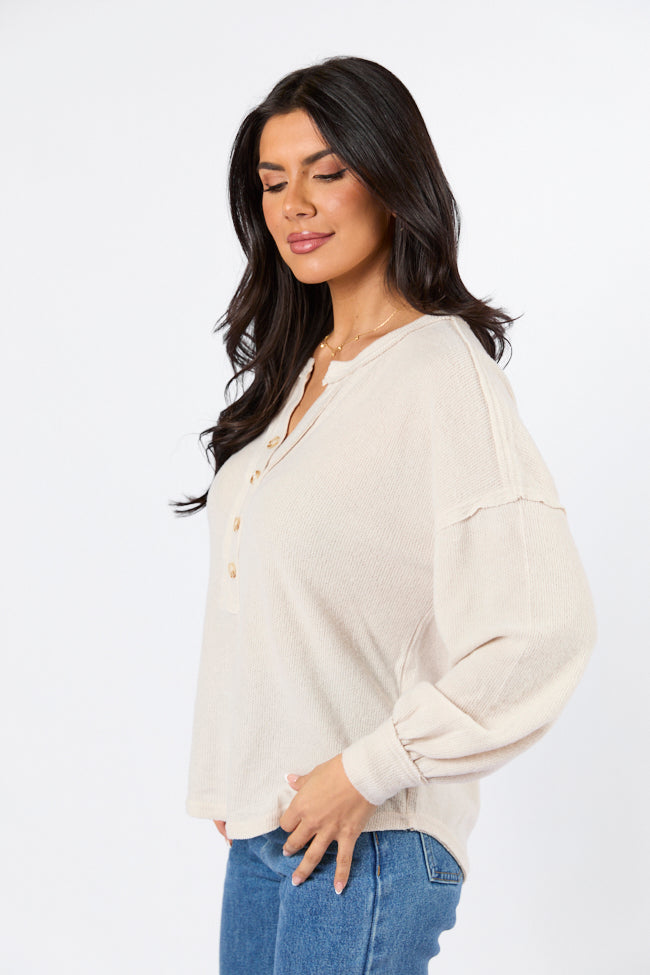 Any Other Way Oatmeal Brushed Rib Henley Knit Long Sleeve Top Clearance Factory Outlet