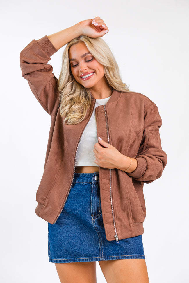 Believe In Me Brown Oversized Suede Bomber Jacket FINAL SALE Buy Cheap Buy