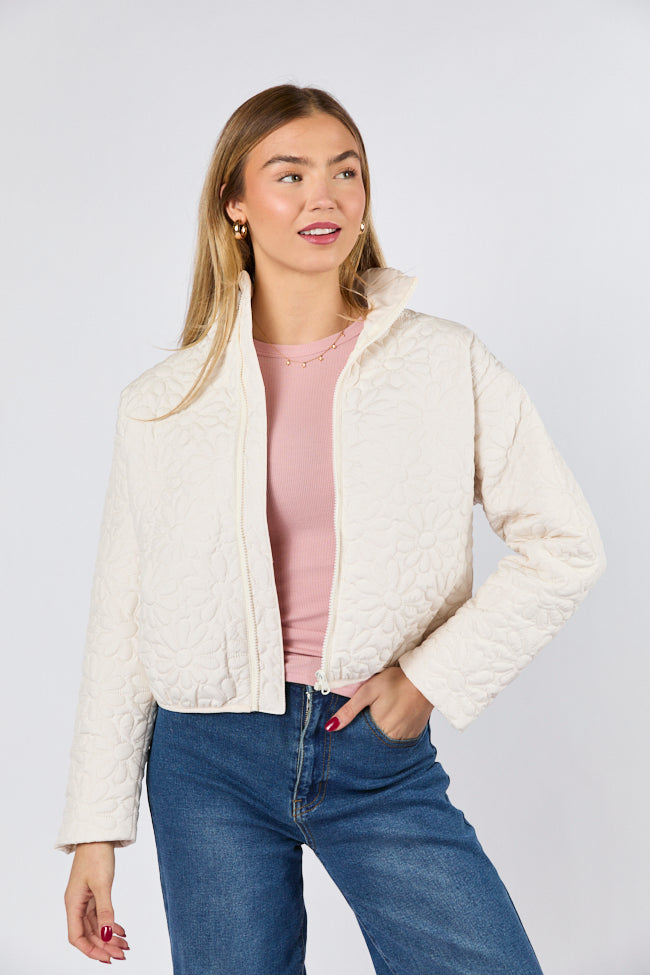 Full Bloom Cream Flower Quilted Zip Up Jacket Sale Affordable