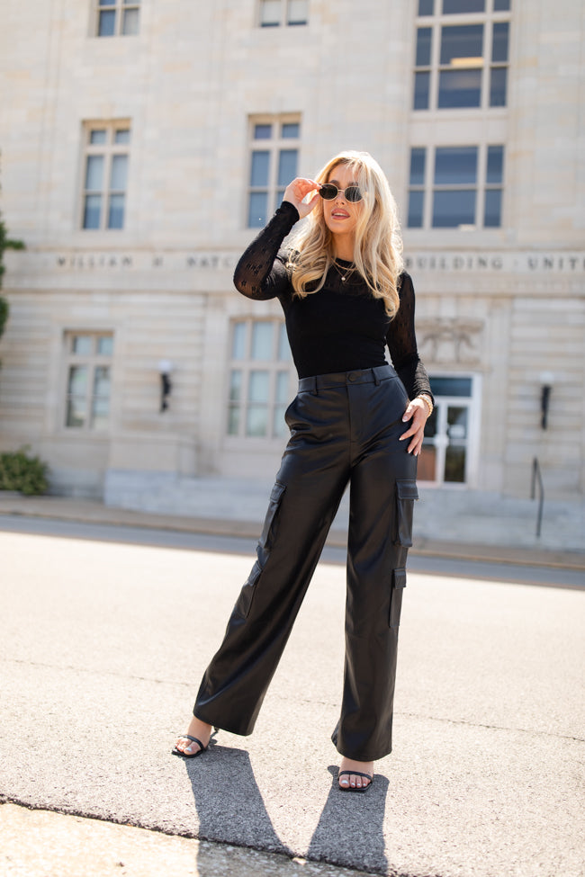 Follow My Lead Black Faux Leather Cargo Pants FINAL SALE Factory Outlet For Sale