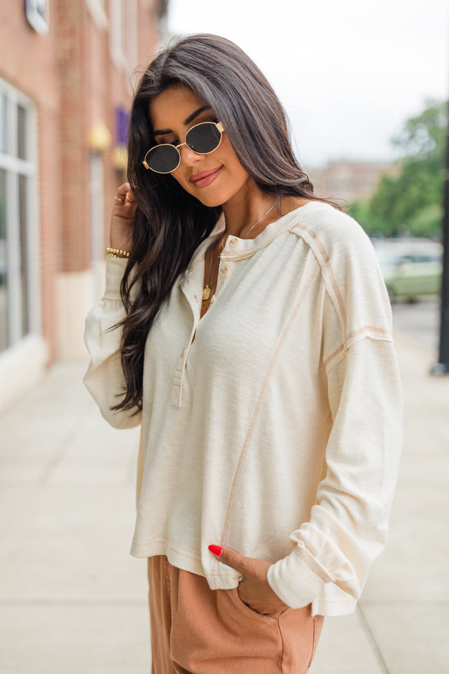 Like Me Again Cream Contrast Stitch Henley Cheap Sale Visit New