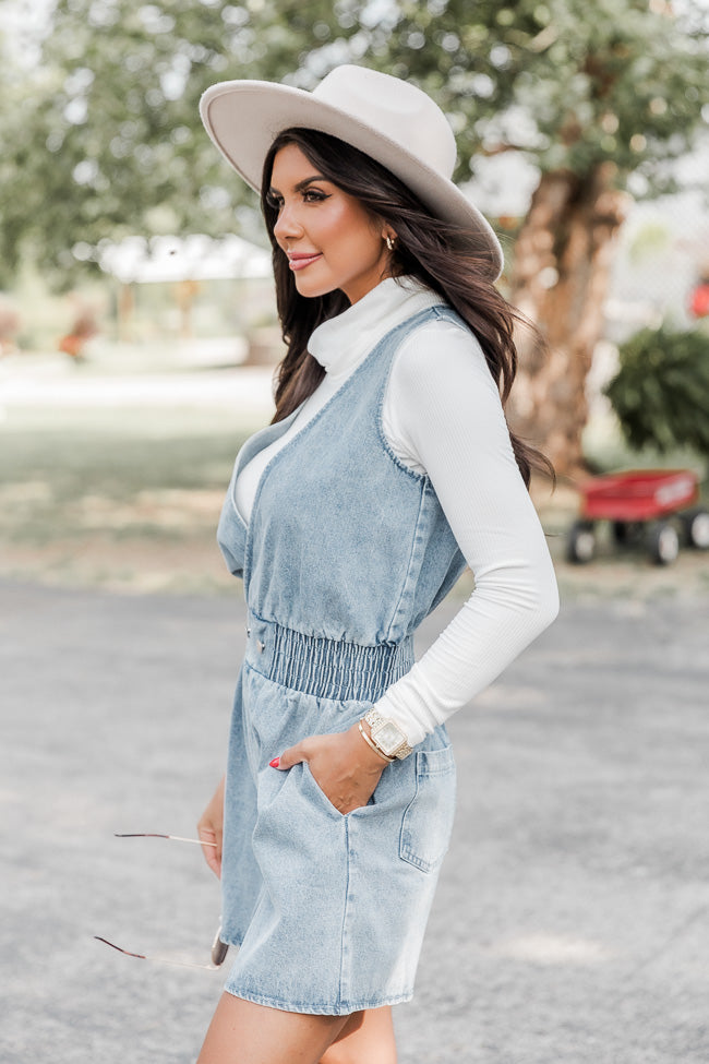 Waiting For You Denim Smocked Romper FINAL SALE High Quality For Sale