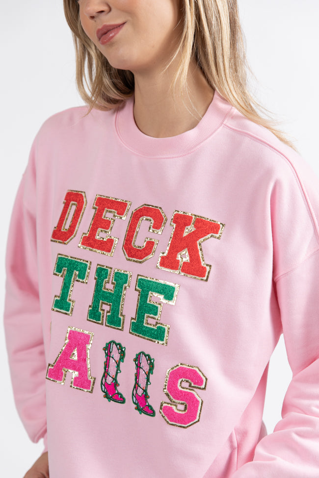 Deck The Halls Chenille Patch Light Pink Oversized Graphic Sweatshirt FINAL SALE Outlet Cheap