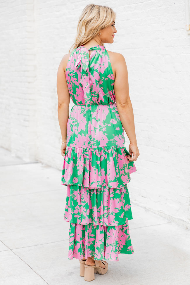 An Inspiration Green and Pink Printed Satin Halter Maxi Dress FINAL SALE Sale Pick A Best