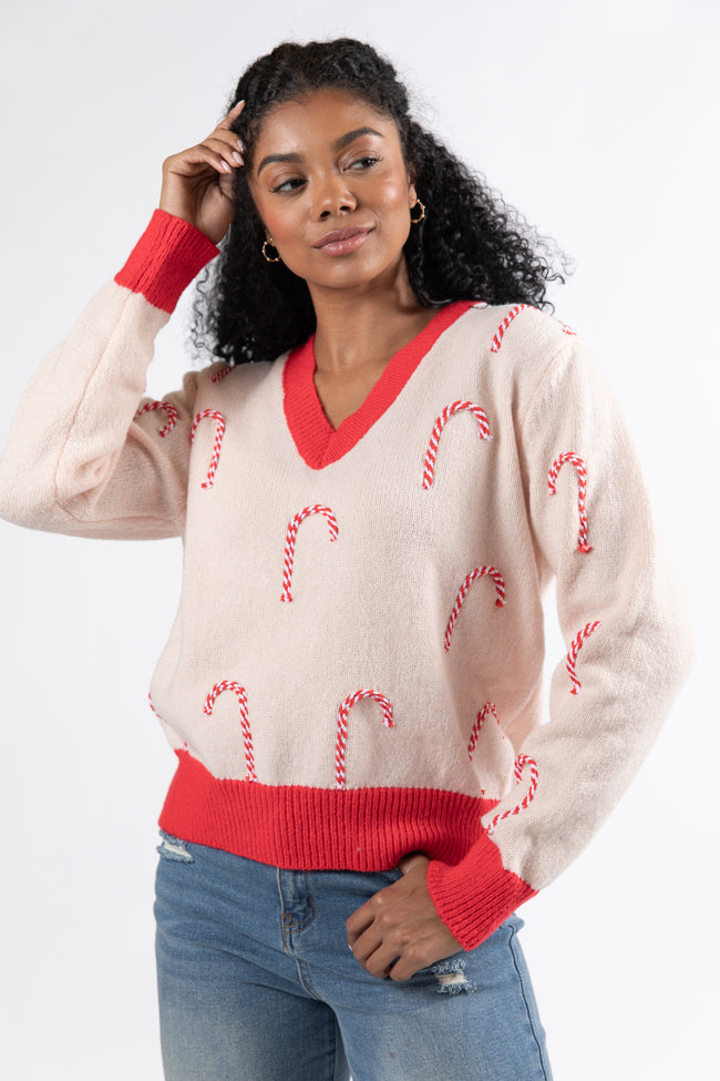 Candy Craze Pink and Red Candy Cane Patch V-Neck Sweater Macy Blackwell X Pink Lily FINAL SALE Sast Sale Online