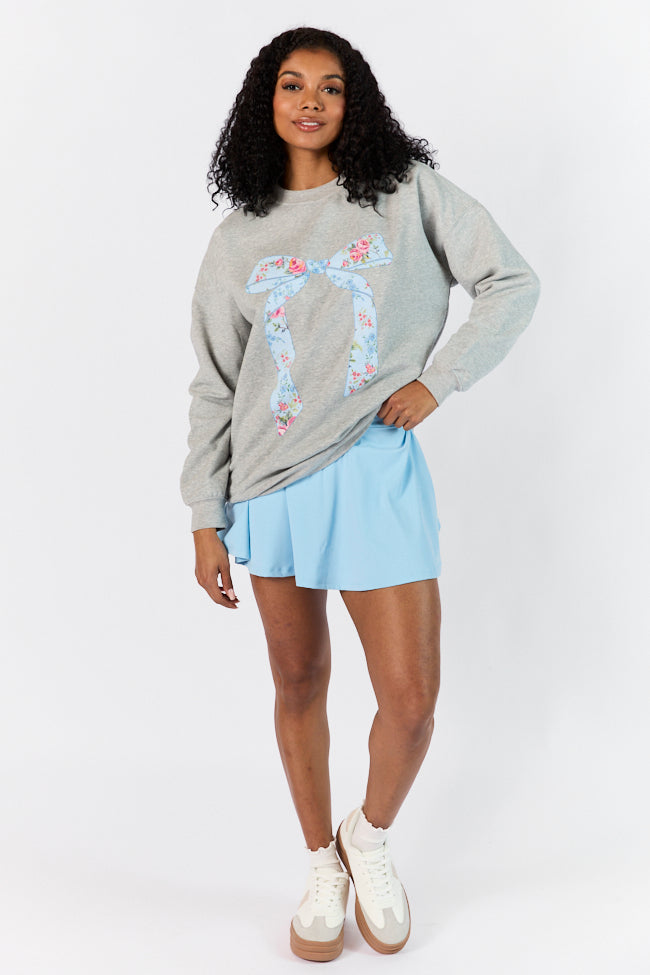 Vintage Floral Printed Bow Light Grey Oversized Graphic Sweatshirt Cheap Low Pice