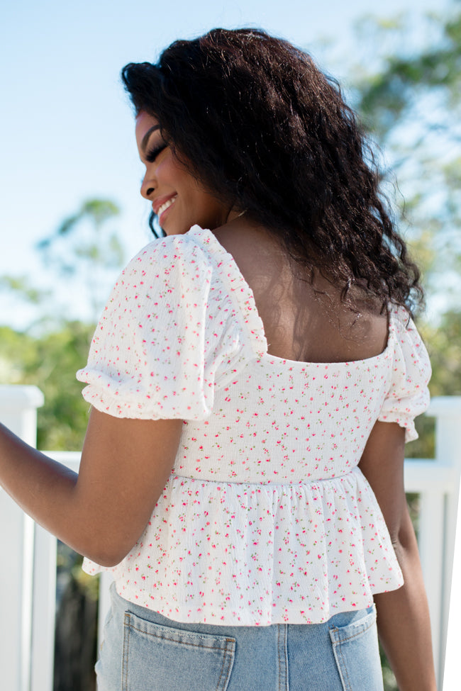 Big Feelings Ivory and Pink Floral Cinched Bust Knit Top Sale With Paypal