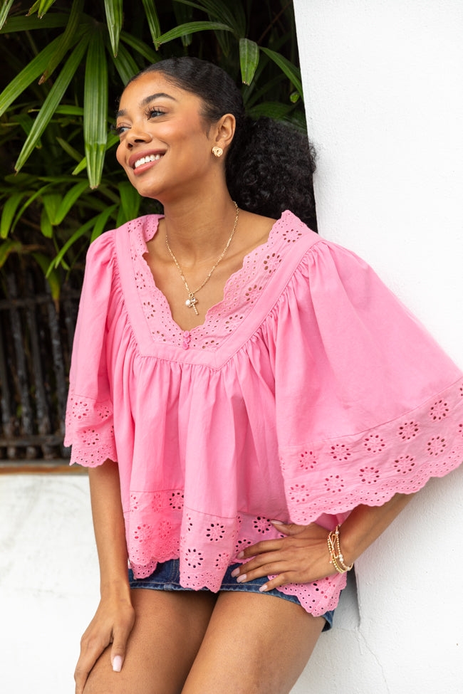 No Regrets Pink Eyelet Detail Popover Short Sleeve Blouse Free Shipping For Cheap