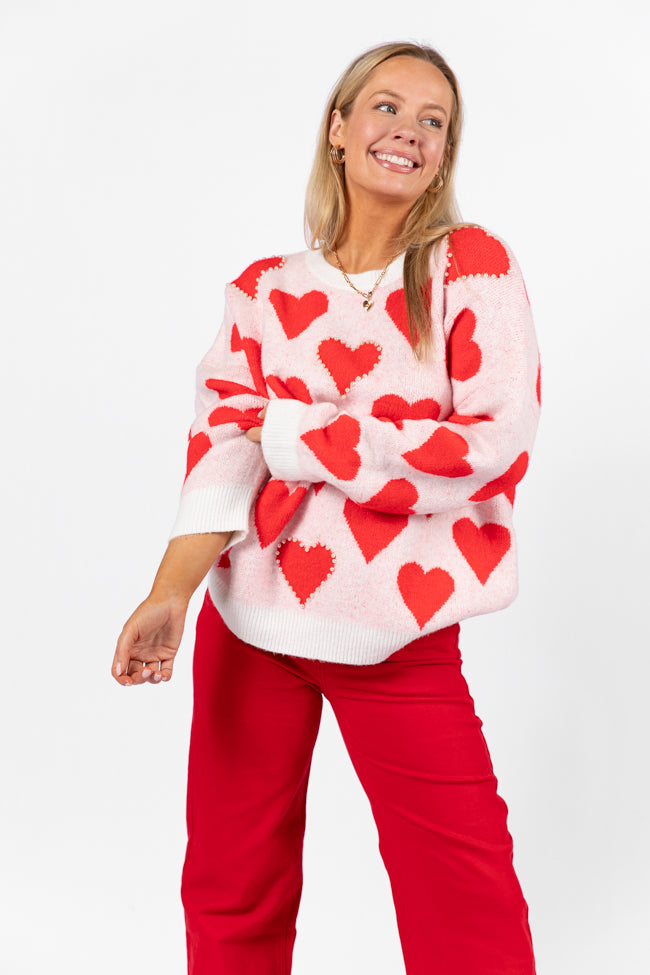 Falling For You Ivory and Red Oversized Pearl Embellished Heart Sweater FINAL SALE Free Shipping Fake