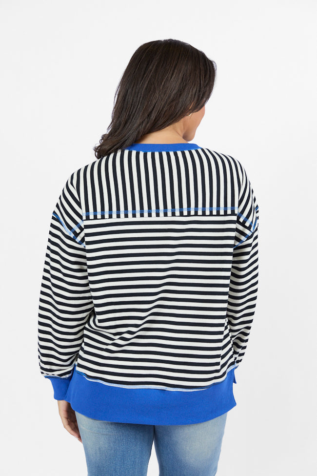 On A Dime Black and Blue Striped Sweatshirt Clearance Wiki