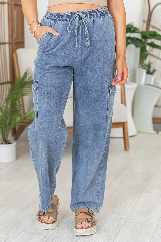 In The Clouds Medium Wash Chambray Cargo Pants Shop For Cheap Online