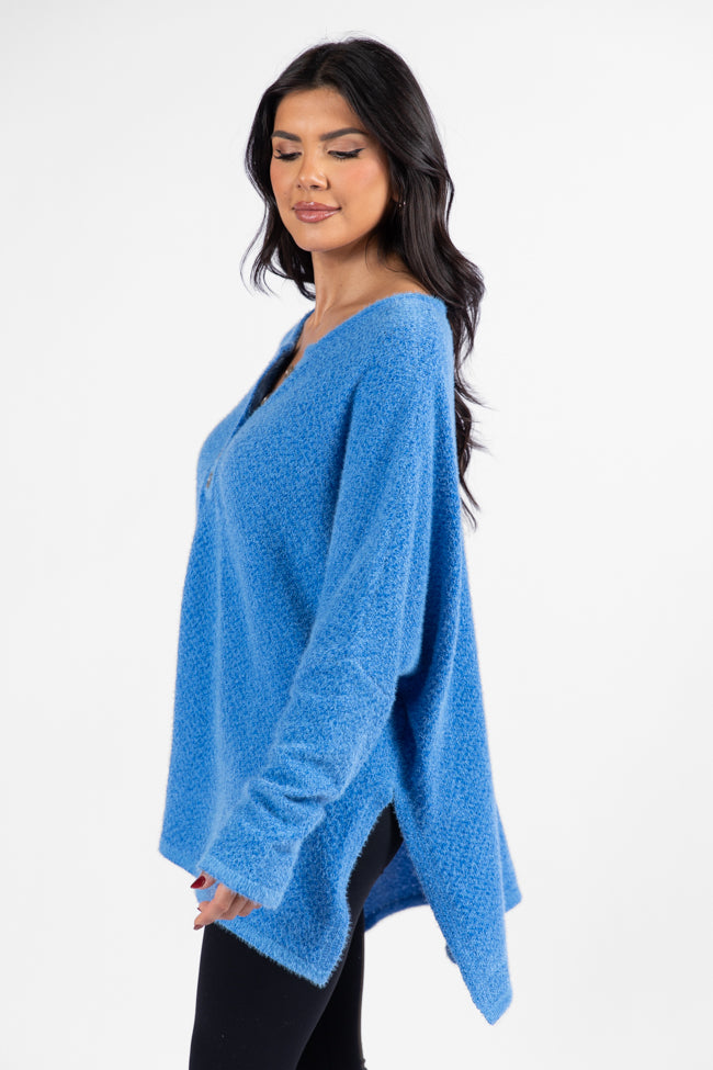 Thinking Of You Blue Fuzzy Henley Blouse SALE Cheap Pice Wholesale