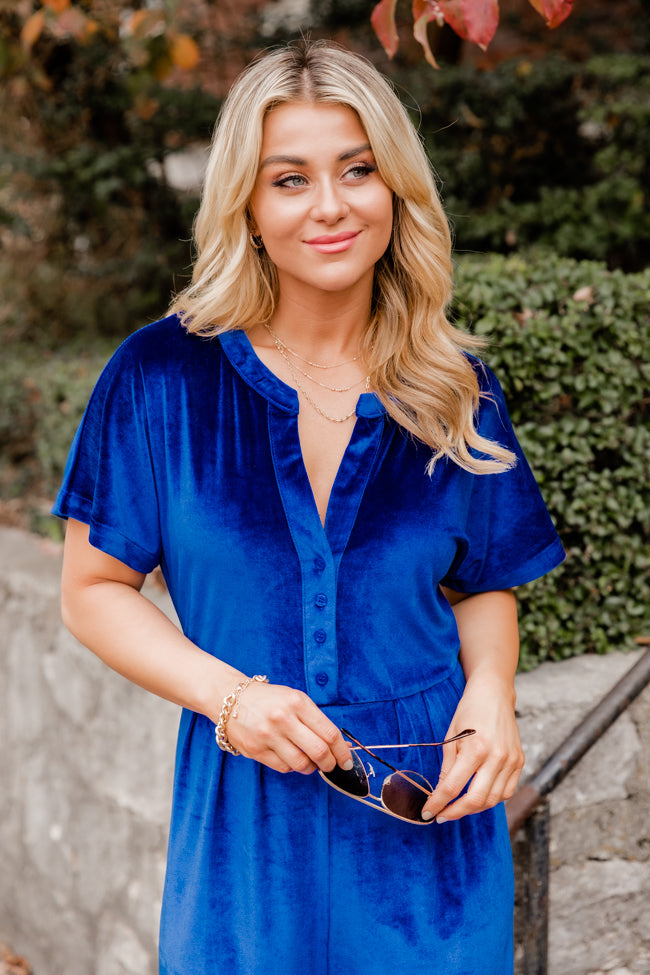 On Your Own Time Blue Velvet Short Sleeve Jumpsuit FINAL SALE Cheap Sale Explore