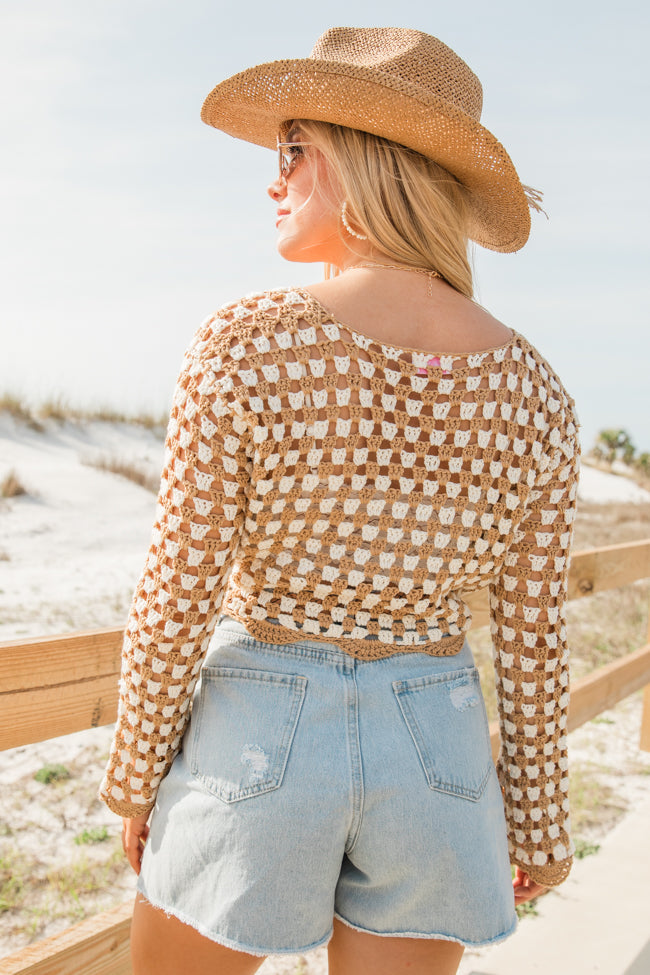 Tie That Binds Tan And Ivory Crochet Crop Long Sleeve Top Popular Online