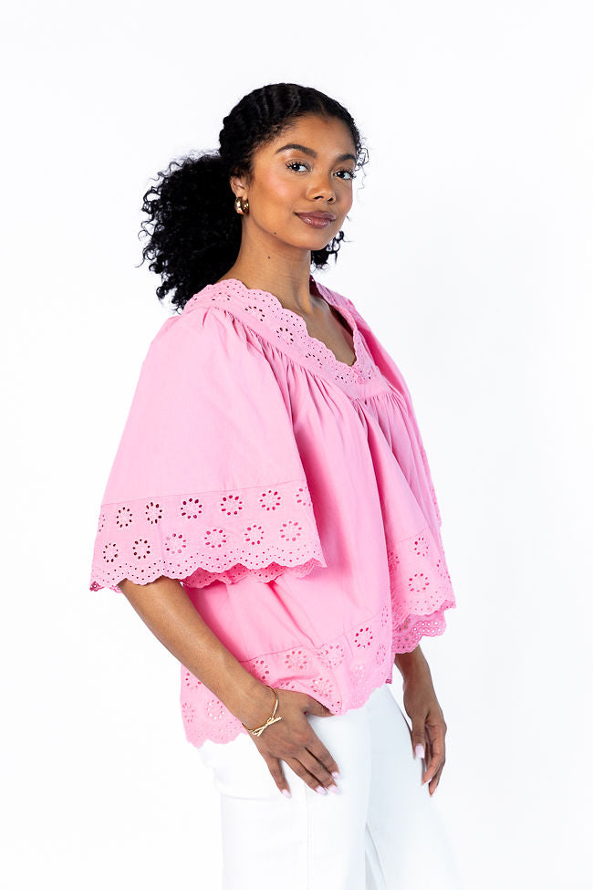 No Regrets Pink Eyelet Detail Popover Short Sleeve Blouse Free Shipping For Cheap