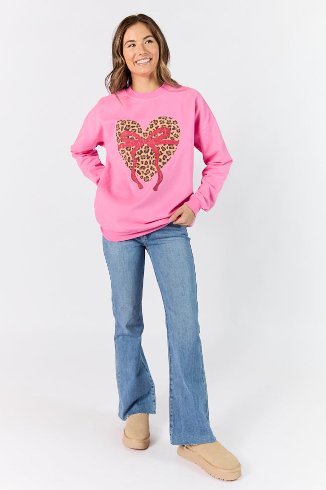 Leopard Heart Red Bow Pink Oversized Graphic Sweatshirt Fast Delivery Online