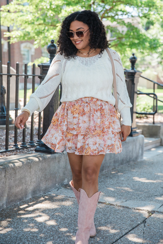 Breezy Beige And Mustard Floral Tiered Skort FINAL SALE Authentic Cheap Pice