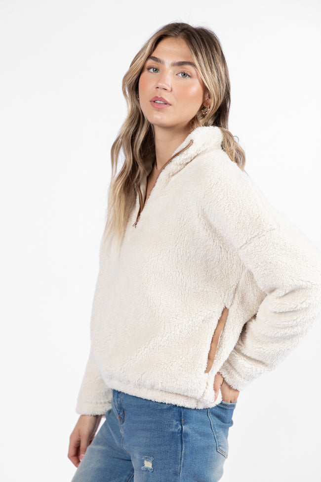 Stay Here Beige Contrast Trim Sherpa Pullover SALE Online