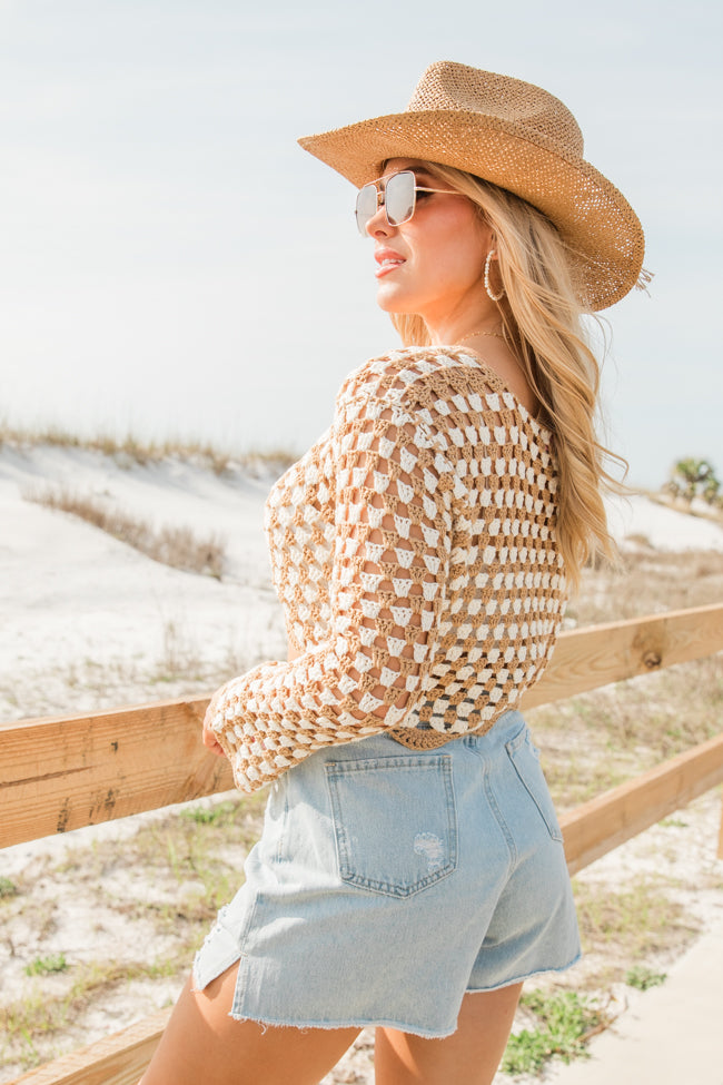 Tie That Binds Tan And Ivory Crochet Crop Long Sleeve Top Popular Online