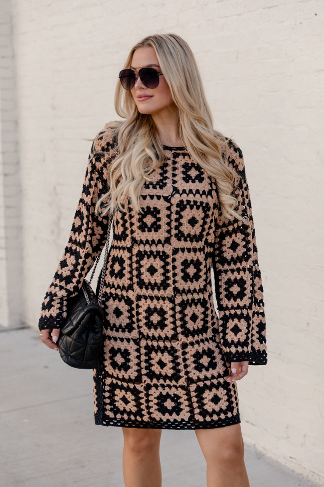 Build Courage Black and Tan Crochet Long Sleeve Lined Mini Dress FINAL SALE Free Shipping Recommend