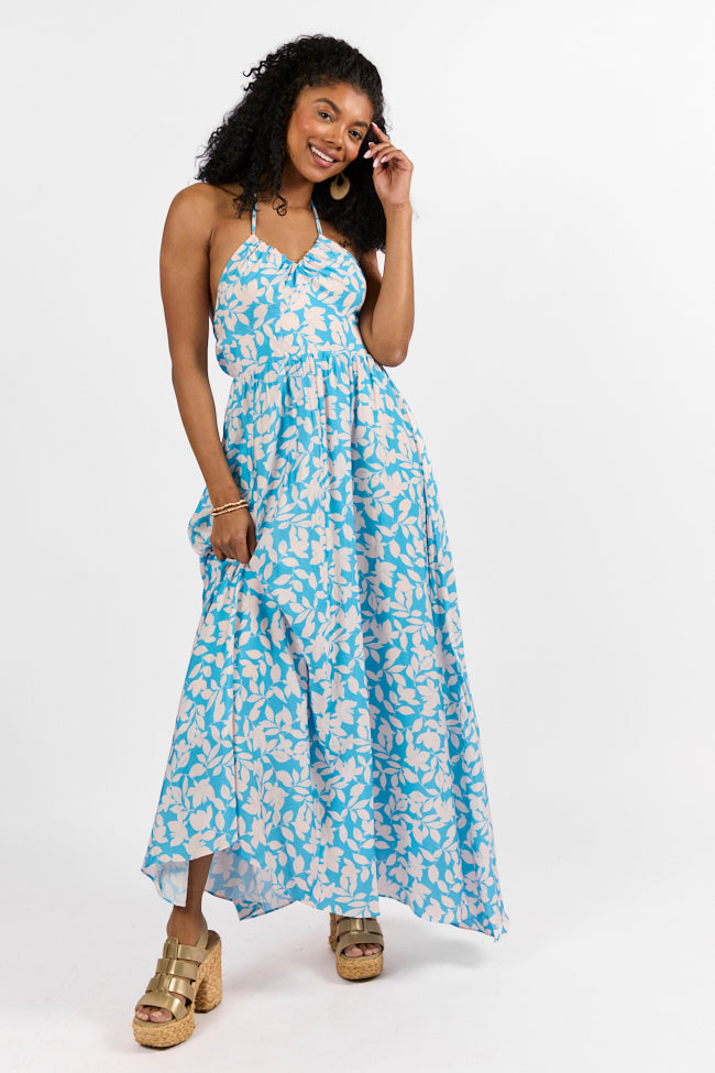 Golden Days Blue Halter Neck Printed Maxi Dress Official Online