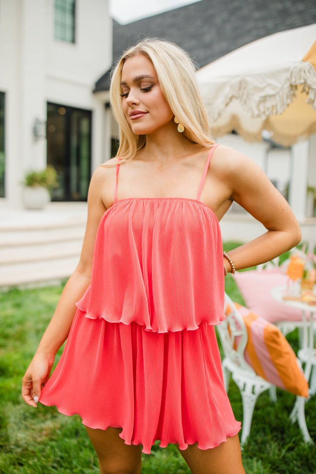 In the Afterglow Hot Coral Pleated Romper Low Cost