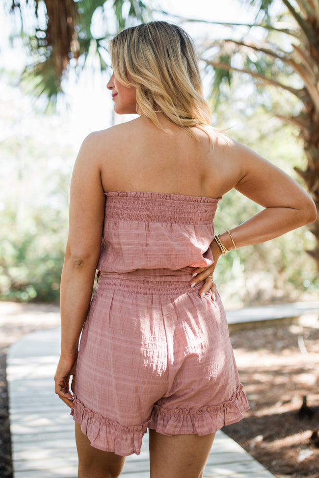 Just Visiting Mauve Strapless Flutter Hem Romper Clearance Newest