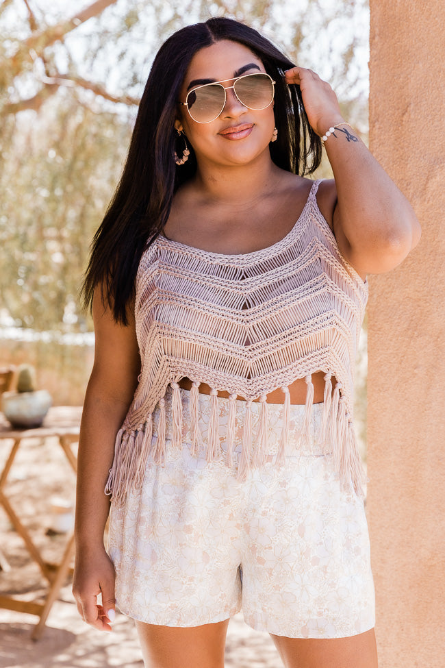 Free As Can Be Taupe Fringe Hem Crochet Tank FINAL SALE Discount View