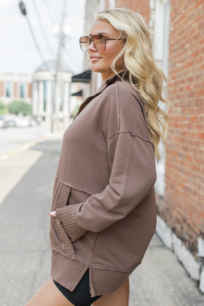 Just Go With It Brown Oversized Henley Pullover SALE Clearance Get To Buy