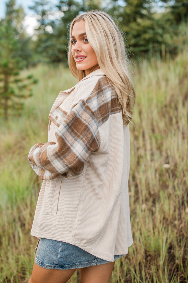 Talking My Language Beige and Brown Plaid Sleeve Shacket FINAL SALE Discount Big Sale