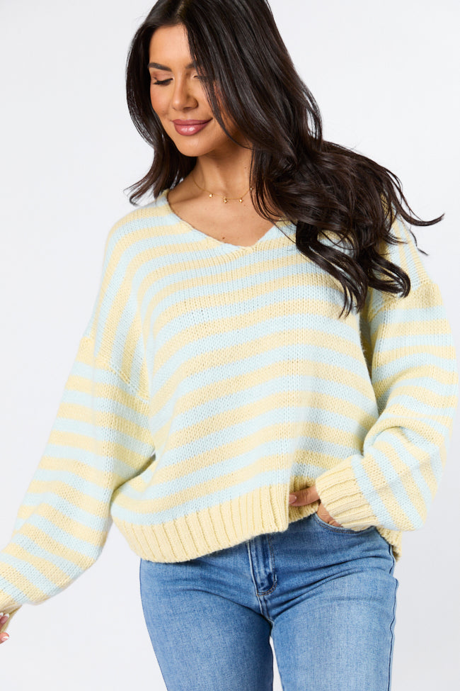 Wait A Minute Yellow and Blue Multi Striped V-Neck Sweater Sale Explore