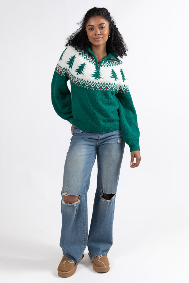 Festive Spirit Green Christmas Fair Isle Quarter Zip Sweater FINAL SALE Low Pice