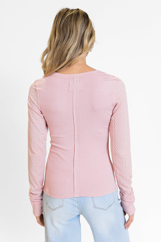 All The Better Light Pink Cable Knit Sleeve Knit Henley Top FINAL SALE Sale Outlet