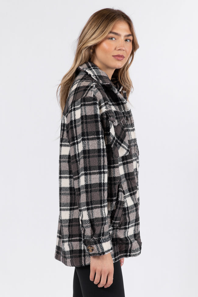 Through The Leaves Black Plaid Sherpa Shacket 2025 Cheap Online