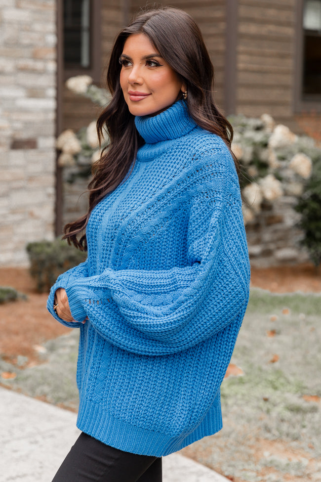 Say Don't Go Blue Oversized Cable Knit Turtleneck