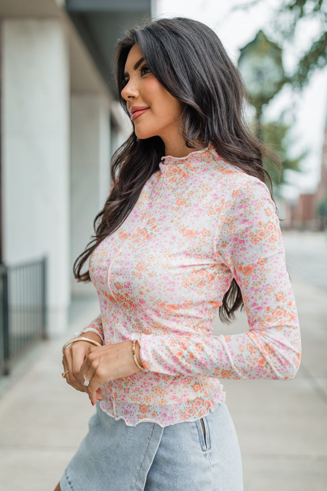 Take Me Anywhere Pink and Orange Floral Mesh Sleeve Mock Neck Top FINAL SALE Finishline Online