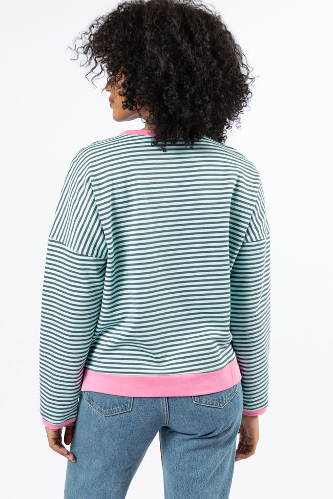 Think On It Pink, Navy, and Charcoal Striped Contrast Trim Pullover SALE Buy Cheap Shop